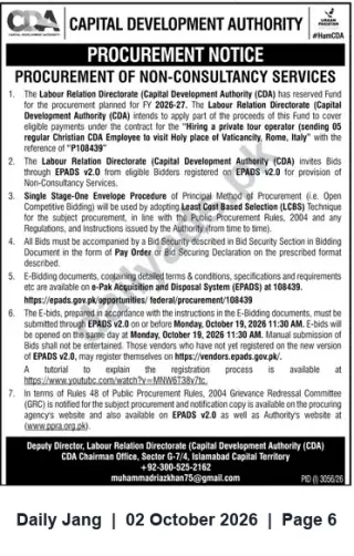 Newspaper clipping: CDA Tender P104839 — Hire Private Tour Operator for Vatican Visit, Jang, 02 Oct 2026