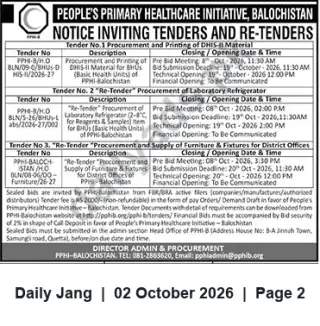 Newspaper clipping: PPHI‑Balochistan Tenders: DHIS‑II Printing, Laboratory Refrigerators & Furniture — Oct 2026, Jang, 02 Oct 2026