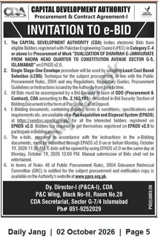 Newspaper clipping: CDA e-Bid: Dualization of Shahrah-e-Jamhuriat (NADRA HQ to Constitution Avenue), Islamabad, Jang, 02 Oct 2026