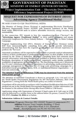 Newspaper clipping: EOI: Advertising Agency (Traditional Media) — PIU-EDEIP, Ministry of Energy Islamabad, Dawn, 02 Oct 2026
