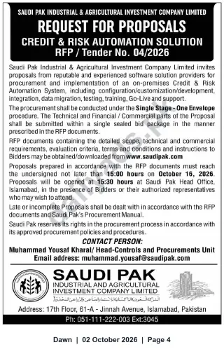 Newspaper clipping: RFP — Credit & Risk Automation Solution (Tender No. 04/2026) — Saudi Pak, Islamabad, Dawn, 02 Oct 2026