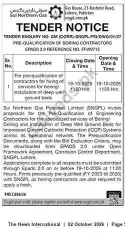 Newspaper clipping: SNGPL Pre-Qualification: Boring/Deep Well Ground Bed Contractors (Tender Enquiry GM (CORR)-SNGPL/PQ/DWG/01/27), The News International, 02 Oct 2026