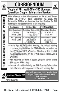 Newspaper clipping: HEC Corrigendum — Tender P115171: Supply of Microsoft Office 365 Licenses; Bid Deadline Extended, The News International, 02 Oct 2026