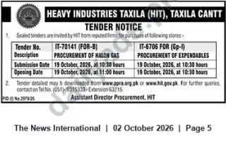 Newspaper clipping: Heavy Industries Taxila Tender: Procurement of Halon Gas & Expendables (Closing 2026-10-19), The News International, 02 Oct 2026
