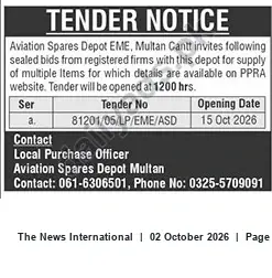 Newspaper clipping: Tender: Aviation Spares Depot EME Multan Cantt — Supply of Multiple Items (Tender No. 81201/05/LP/EME/ASD), The News International, 02 Oct 2026