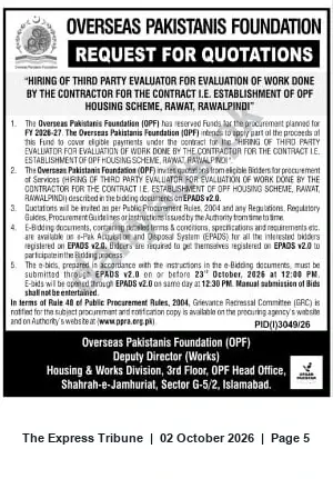 Newspaper clipping: OPF Request for Quotations: Third-Party Evaluator for OPF Housing Scheme, Rawat (Rawalpindi), The Express Tribune, 02 Oct 2026