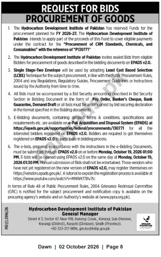 Newspaper clipping: HDIP Request for Bids: Procurement of CRM Standards, Chemicals & Consumables (P130771), Dawn, 02 Oct 2026