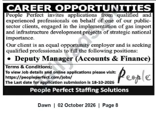 Newspaper clipping: Deputy Manager (Accounts & Finance) – People Perfect for Public‑Sector Gas Infrastructure Project, Dawn, 02 Oct 2026