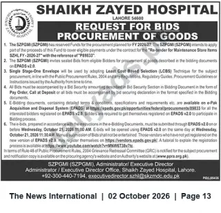 Newspaper clipping: Shaikh Zayed Hospital Lahore — Request for Bids for Procurement of Goods (FY 2026-27), The News International, 02 Oct 2026