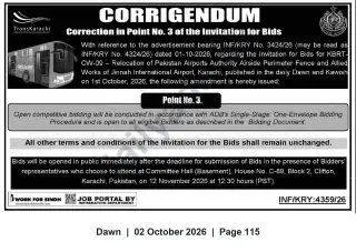 Newspaper clipping: Corrigendum — ADB Single‑Stage Bidding for KBRT-CW-09: Relocation of Airside Perimeter Fence, Jinnah International Airport, Karachi, Dawn, 02 Oct 2026