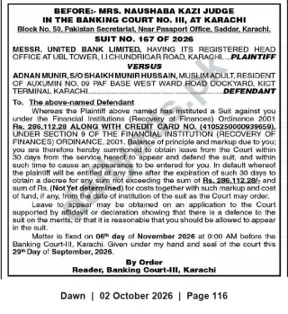 Newspaper clipping: Banking Court Karachi: United Bank Limited v. Named Defendant — Summons and Hearing (Suit No.167/2026), Dawn, 02 Oct 2026