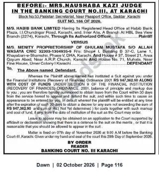 Newspaper clipping: Banking Court Summons: Habib Bank Ltd v. M/s Menity (Suit No. 166 of 2026) — Hearing 2026-11-07, Dawn, 02 Oct 2026