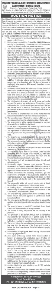 Newspaper clipping: Auction Notice: Petrol Pump Site at Shahrah‑e‑Faisal, Karachi — Cantonment Board Faisal, Dawn, 02 Oct 2026