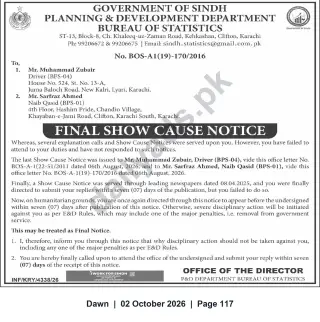 Newspaper clipping: Final Show Cause Notice — Bureau of Statistics, Government of Sindh, Dawn, 02 Oct 2026