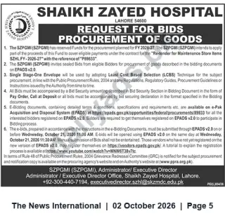 Newspaper clipping: Shaikh Zayed Hospital Lahore — Request for Bids for Procurement of Goods (Maintenance Store Items), The News International, 02 Oct 2026
