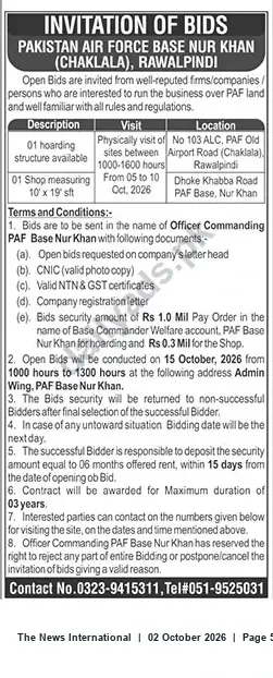 Newspaper clipping: PAF Base Nur Khan Invitation of Bids for Hoarding Site and Shop Lease — Rawalpindi, The News International, 02 Oct 2026