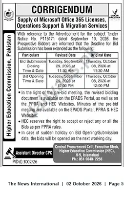 Newspaper clipping: Corrigendum — Tender P115171: Microsoft Office 365 Licenses, Support & Migration Services, The News International, 02 Oct 2026