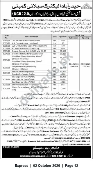 Newspaper clipping: HESCO NCB 2.0 Tenders for Distribution Transformers & Electrical Materials — Submission 2026-10-23, Express, 02 Oct 2026