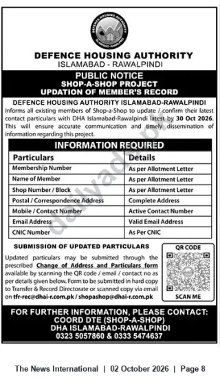 Newspaper clipping: DHA Islamabad‑Rawalpindi Public Notice — Shop‑a‑Shop Members: Update Records by 2026-10-30, The News International, 02 Oct 2026