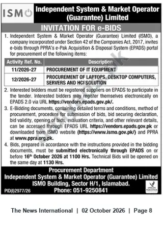 Newspaper clipping: ISMO Invitation for e-Bids — IT Equipment & Laptops/Servers (Ref. 11/2026-27, 12/2026-27), The News International, 02 Oct 2026