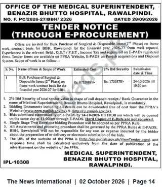 Newspaper clipping: Tender: Bulk Purchase of Surgical & Disposable Items (2nd Phase) — Benazir Bhutto Hospital Rawalpindi, The News International, 02 Oct 2026