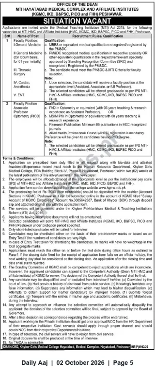 Newspaper clipping: Faculty Vacancies at MTI Hayatabad Medical Complex & Affiliates, Peshawar, Daily Aaj, 02 Oct 2026