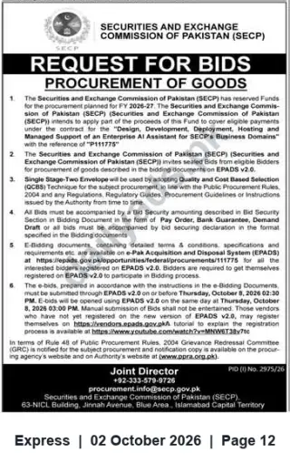 Newspaper clipping: SECP Request for Bids — Design, Development, Deployment & Hosting of Enterprise AI Assistant (Ref: P111775), Express, 02 Oct 2026
