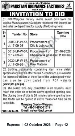 Newspaper clipping: POF Wah Cantt Invitation to Bid — Oils & Lubricants, Chemicals & Raw Material, Express, 02 Oct 2026