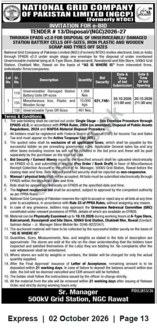 Newspaper clipping: NGCP Tender #13/Disposal/(NGC)2026-27 — Disposal of Unserviceable Batteries, Scrap and Tyres (Rawat), Express, 02 Oct 2026