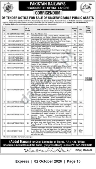 Newspaper clipping: Pakistan Railways Corrigendum: Tender for Sale of Unserviceable Public Assets — Deadline 2026-10-15, Express, 02 Oct 2026