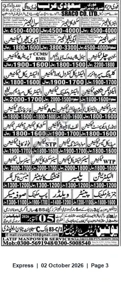 Newspaper clipping: SRACO Co. Ltd. Hiring HVAC, CCMS/BMS, STP/WTP Operators and Welders, Express, 02 Oct 2026