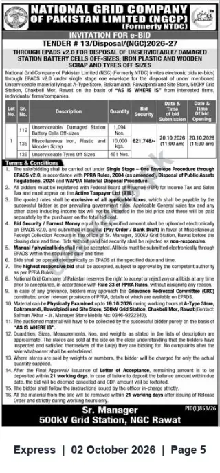 Newspaper clipping: NGCP Tender #13/Disposal/NGC/2026-27 — Disposal of Unserviceable Batteries, Scrap and Tyres (Rawat), Express, 02 Oct 2026