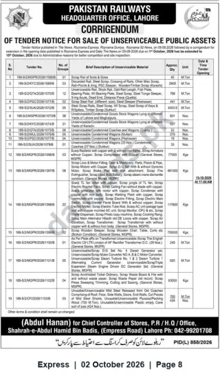 Newspaper clipping: Pakistan Railways Tender for Sale of Unserviceable Public Assets — Closing 2026-10-15, Express, 02 Oct 2026
