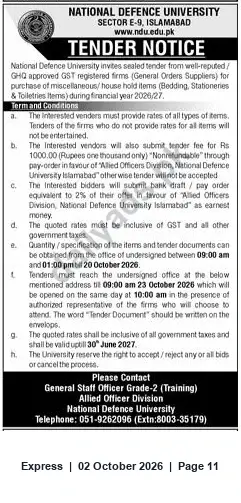 Newspaper clipping: Tender: Supply of Bedding, Stationery & Toiletries — National Defence University Islamabad, Express, 02 Oct 2026
