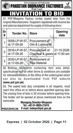 Newspaper clipping: POF Weapons Factory Wah Cantt Invitation to Bid — Oils, Chemicals & Raw Materials (Tenders 0006/0016/0030-LP-W-57), Express, 02 Oct 2026