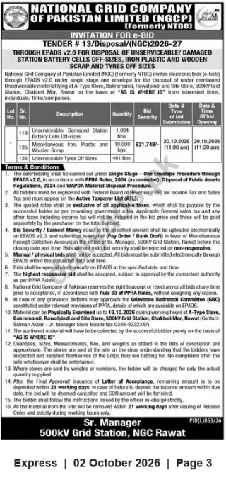 Newspaper clipping: NGCP e-Bid Tender for Disposal of Unserviceable Battery Cells, Scrap and Tyres — 500kV Grid Station Rawat, Express, 02 Oct 2026