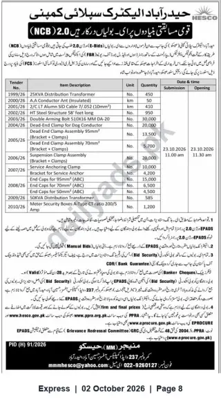 Newspaper clipping: HESCO Tender Notice (NCB 2.0) — Transformers, Cables & Line Accessories, Express, 02 Oct 2026
