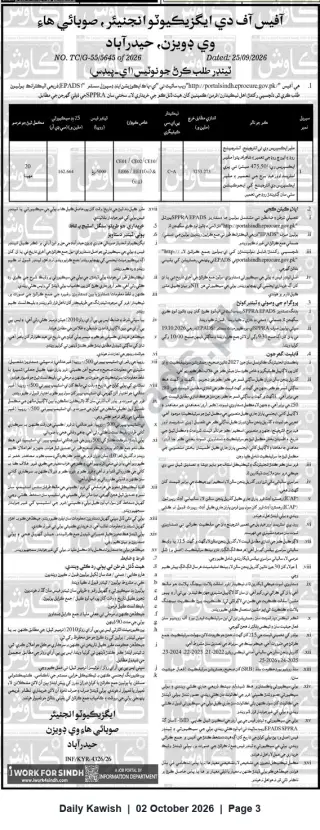 Newspaper clipping: Tender Notice — Executive Engineer, Provincial Highways Division Hyderabad (EPADS), Daily Kawish, 02 Oct 2026