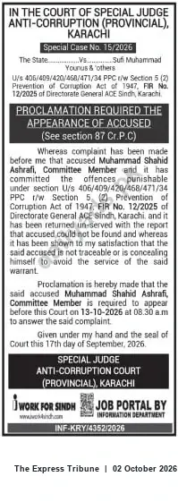 Newspaper clipping: Proclamation for Appearance — Muhammad Shahid Ashrafi | Special Case No. 15/2026, Anti‑Corruption Court Karachi, The Express Tribune, 02 Oct 2026