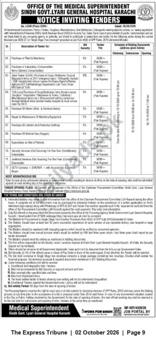 Newspaper clipping: Sindh Govt. Lyari General Hospital Karachi — Notice Inviting Tenders for Multiple Procurement Packages, The Express Tribune, 02 Oct 2026