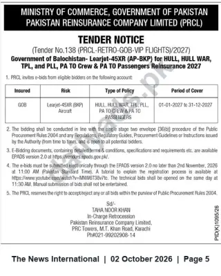 Newspaper clipping: PRCL Tender No.138 for Reinsurance of Government of Balochistan Learjet-45XR (VIP Flights) — 2027, The News International, 02 Oct 2026