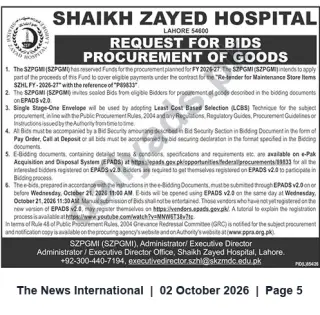Newspaper clipping: Shaikh Zayed Hospital Lahore — Request for Bids for Procurement of Goods (Re-tender for Maintenance Store Items, FY 2026-27), The News International, 02 Oct 2026