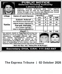 Newspaper clipping: Public Notice — Defence Housing Authority, Lahore Cantt., The Express Tribune, 02 Oct 2026