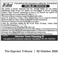 Newspaper clipping: Faisalabad Development Authority: Revised Layout Plan Approved for Chak No. 202/RB, Faisalabad, The Express Tribune, 02 Oct 2026