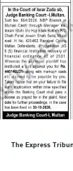 Newspaper clipping: Banking Court Multan Notice — Suit No. 534 (2025) — NBP Branch, The Express Tribune, 02 Oct 2026