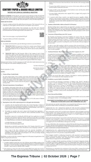 Newspaper clipping: Century Paper & Board Mills Limited — Notice of 43rd Annual General Meeting (Karachi, 2026-10-26), The Express Tribune, 02 Oct 2026