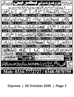 Newspaper clipping: Immediate Visas & Urgent Vacancies for Bahrain — Azabla Global Employment Services, Express, 02 Oct 2026