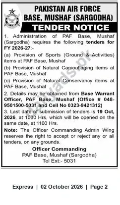 Newspaper clipping: PAF Base Mushaf (Sargodha) Tender Notice FY 2026-27 — Sports, Camouflage & Conservancy Items, Express, 02 Oct 2026