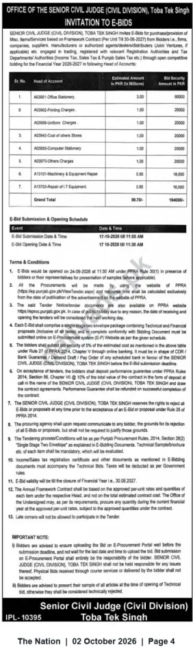 Newspaper clipping: E-Bids Invitation — Stationery, Printing, IT Repair & Miscellaneous Supplies for Senior Civil Judge, Toba Tek Singh, The Nation, 02 Oct 2026