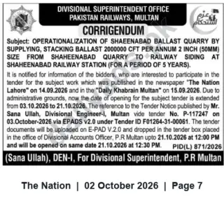 Newspaper clipping: Pakistan Railways Multan Corrigendum: Tender for Supply & Stacking of Ballast from Shaheenabad Quarry (5-year), The Nation, 02 Oct 2026